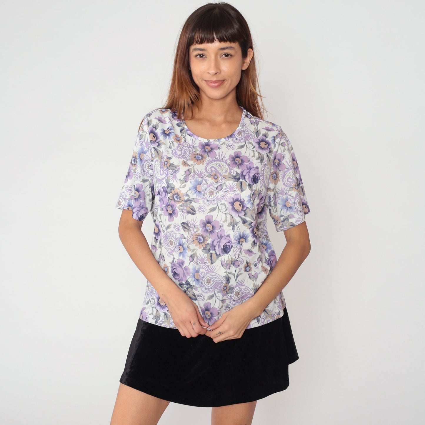 90s Purple Paisley Floral Print Blouse White Short Sleeve Top Large L