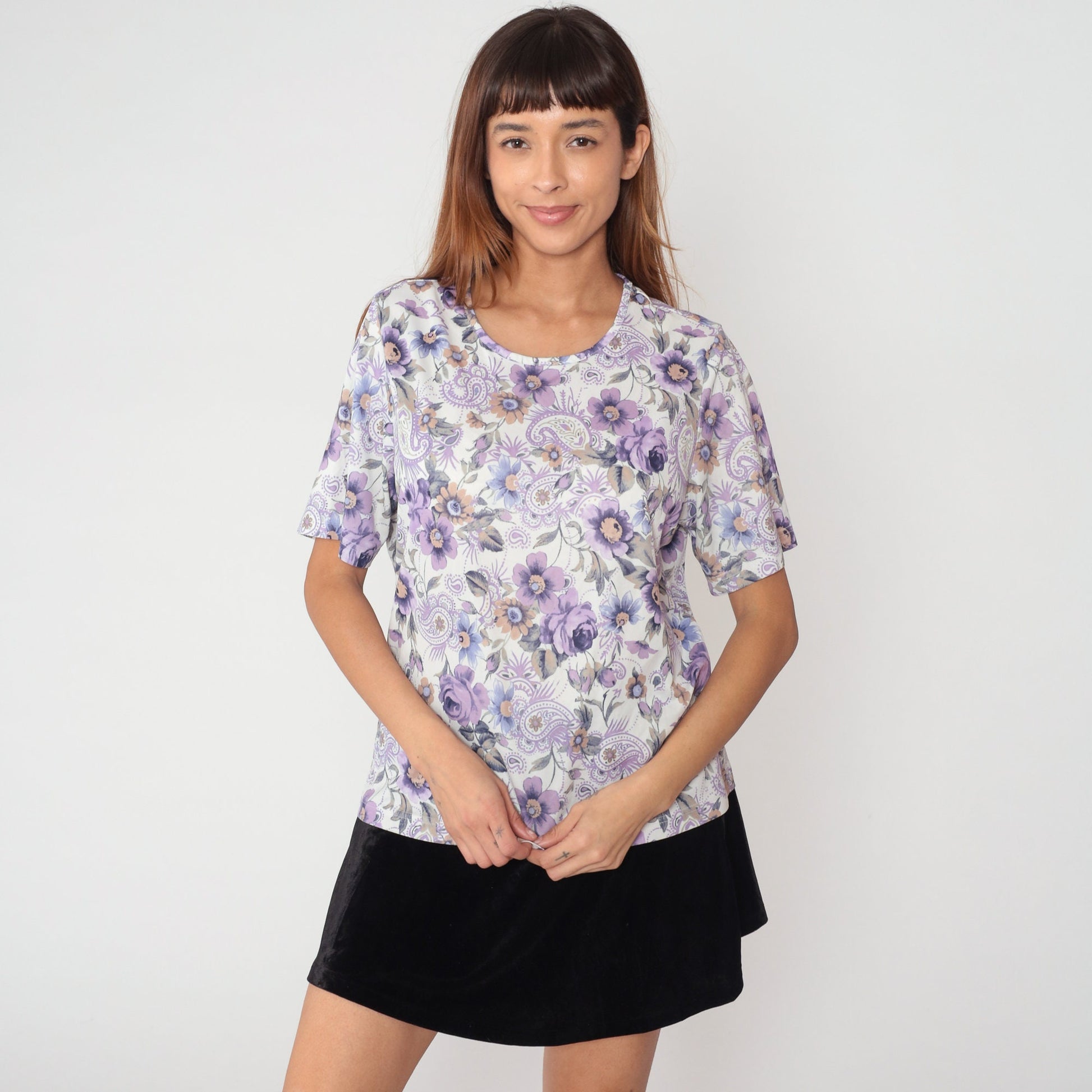 90s Purple Paisley Floral Print Blouse White Short Sleeve Top Large L