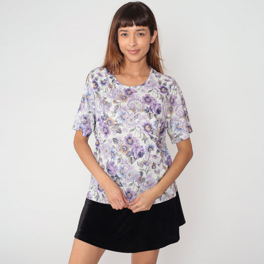 90s Purple Paisley Floral Print Blouse White Short Sleeve Top Large L