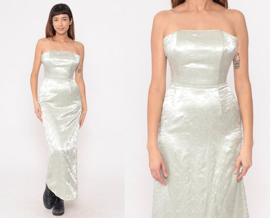 Y2K Jessica McClintock Silver Floral Embroidered Strapless Maxi Dress Extra Small
