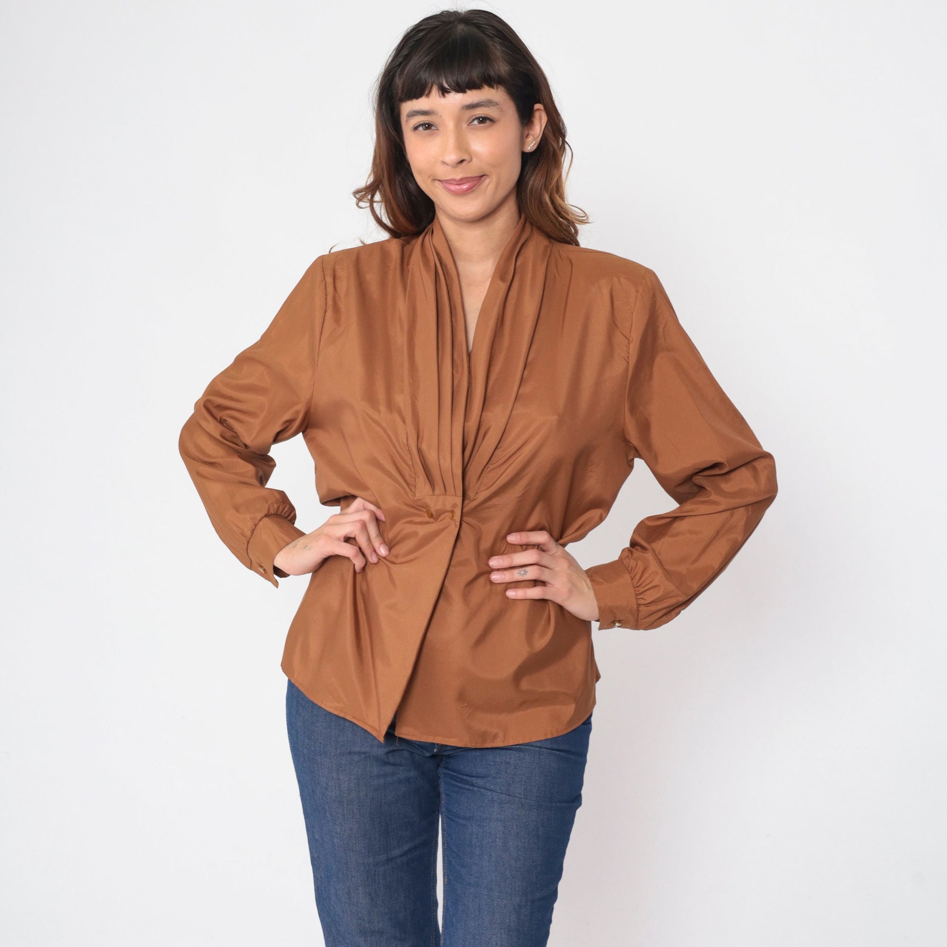 80s Brown Puff Sleeve Blouse Double Breasted Button Up Pleated Shirt Large