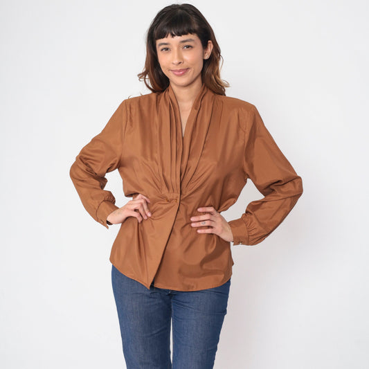 80s Brown Puff Sleeve Blouse Double Breasted Button Up Pleated Shirt Large