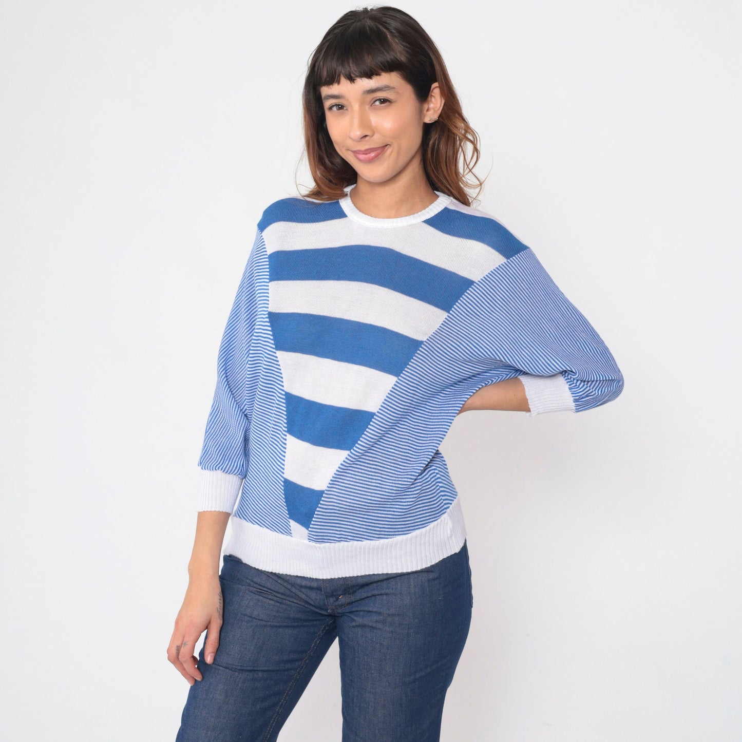 80s Blue White Striped Dolman Sweater Knit Pullover 3/4 Batwing Sleeve Medium M