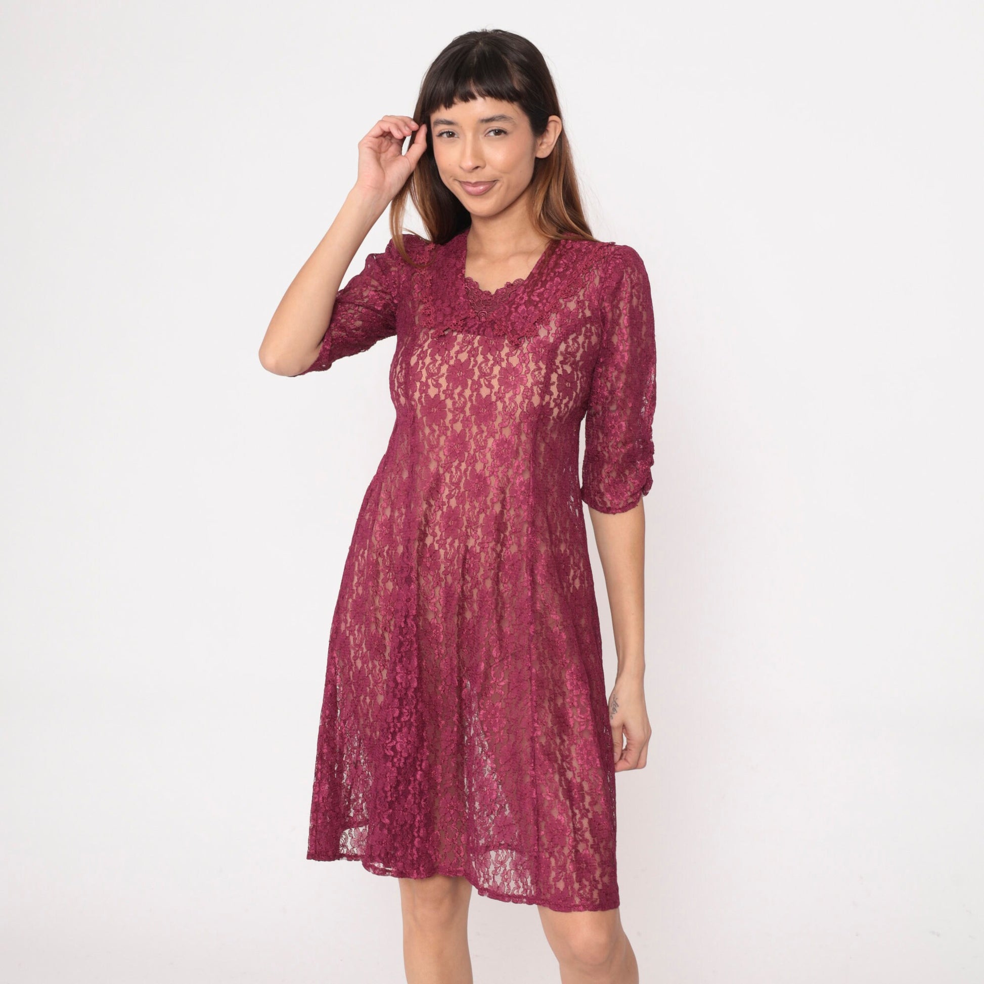90s Raspberry Lace Dress Chelsea Collar Puff Sleeve Knee Length Extra Small