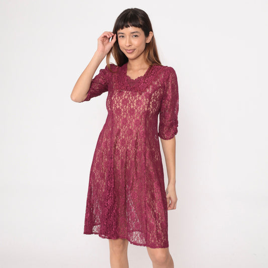 90s Raspberry Lace Dress Chelsea Collar Puff Sleeve Knee Length Extra Small