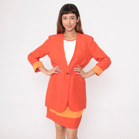 80s Orange Two-Tone Shift Dress with Attached Jacket Mini Medium