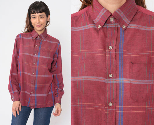 80s Arrow Burgundy Plaid Button-Up Shirt Long Sleeve Collared Medium