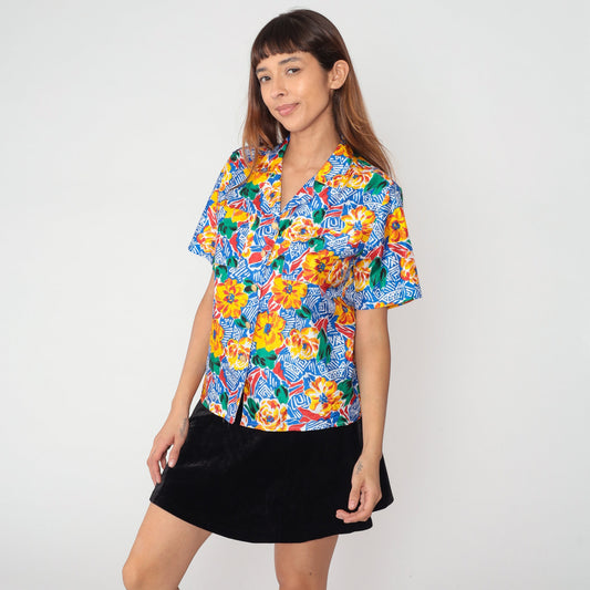 90s Geometric Floral Button-Up Blouse Abstract Print Short Sleeve Small