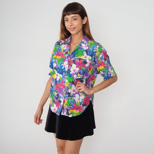 90s Liz Sport Tropical Floral Button-Up Shirt Plumeria Print Cotton Small