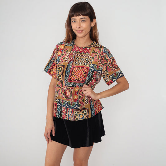 90s Geometric Abstract Print T-Shirt Heart Diamond Pattern Large