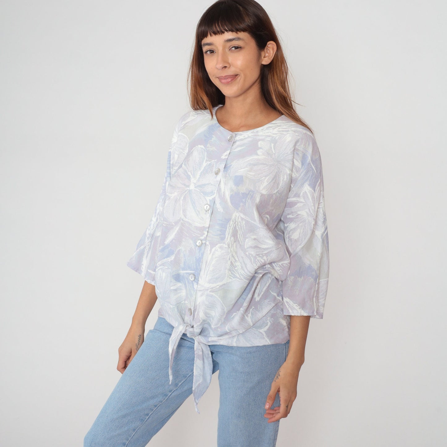 80s S.L. Fashions Floral Tie-Front Blouse Dolman Sleeve Purple Extra Large
