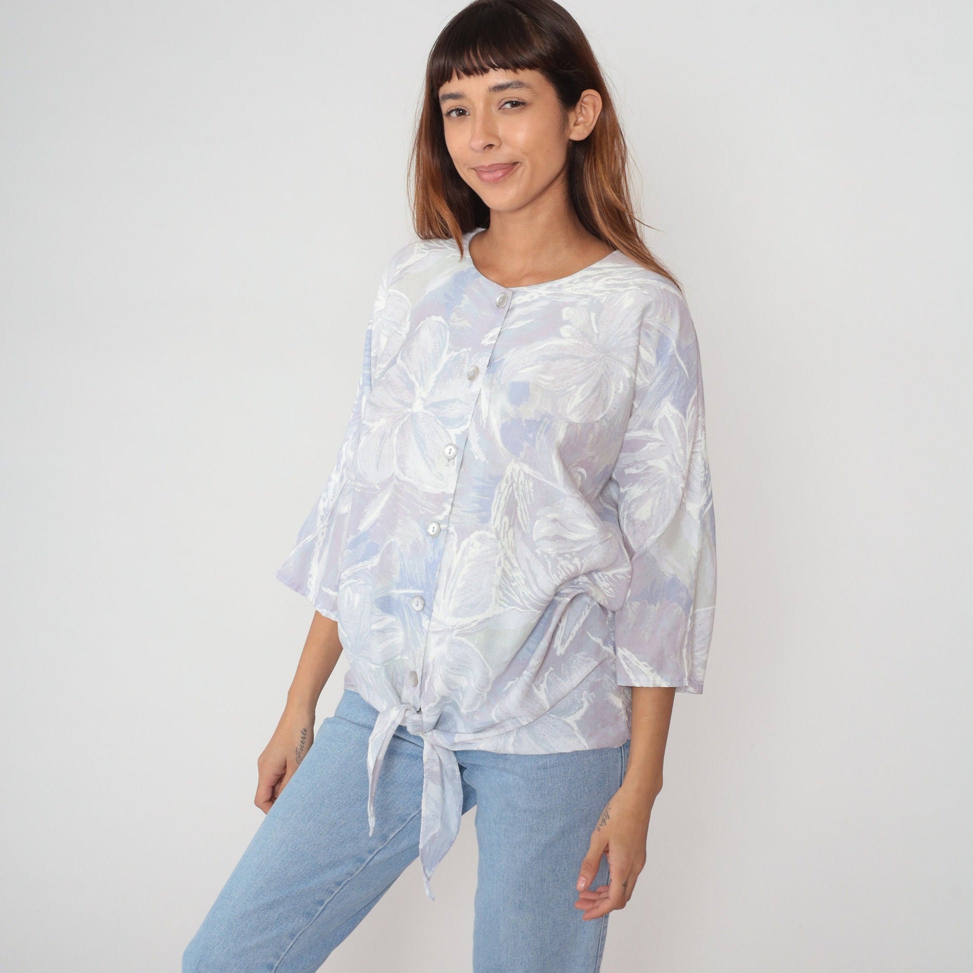 80s S.L. Fashions Floral Tie-Front Blouse Dolman Sleeve Purple Extra Large