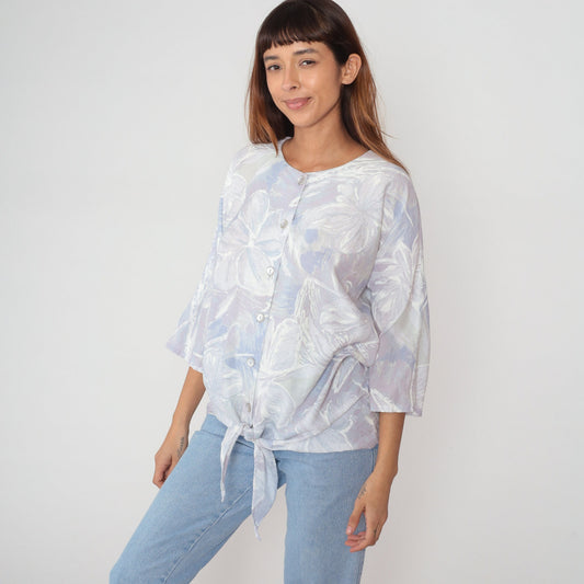 80s S.L. Fashions Floral Tie-Front Blouse Dolman Sleeve Purple Extra Large