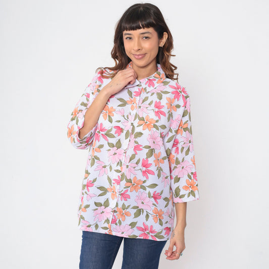 90s Bon Worth Floral Button-Up Blouse Pink Orange 3/4 Sleeve Large Petite