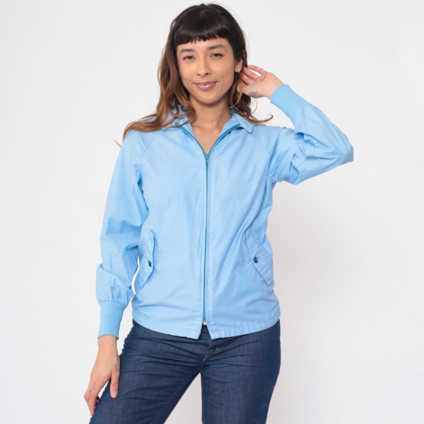 80s Baby Blue Windbreaker Jacket Raglan Sleeve Zip Up Extra Small