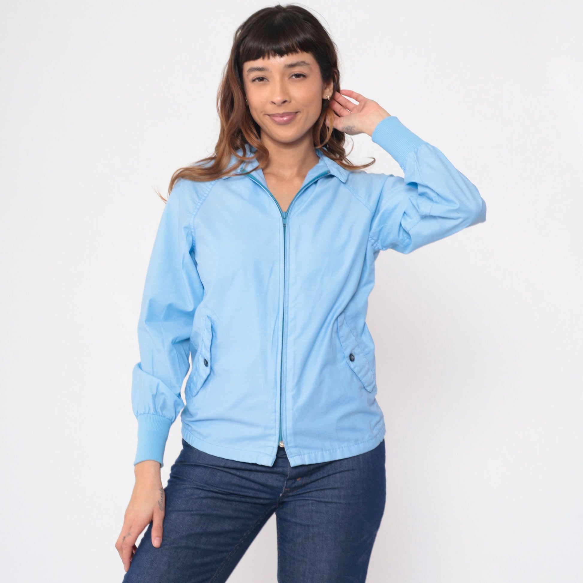 80s Baby Blue Windbreaker Jacket Raglan Sleeve Zip Up Extra Small