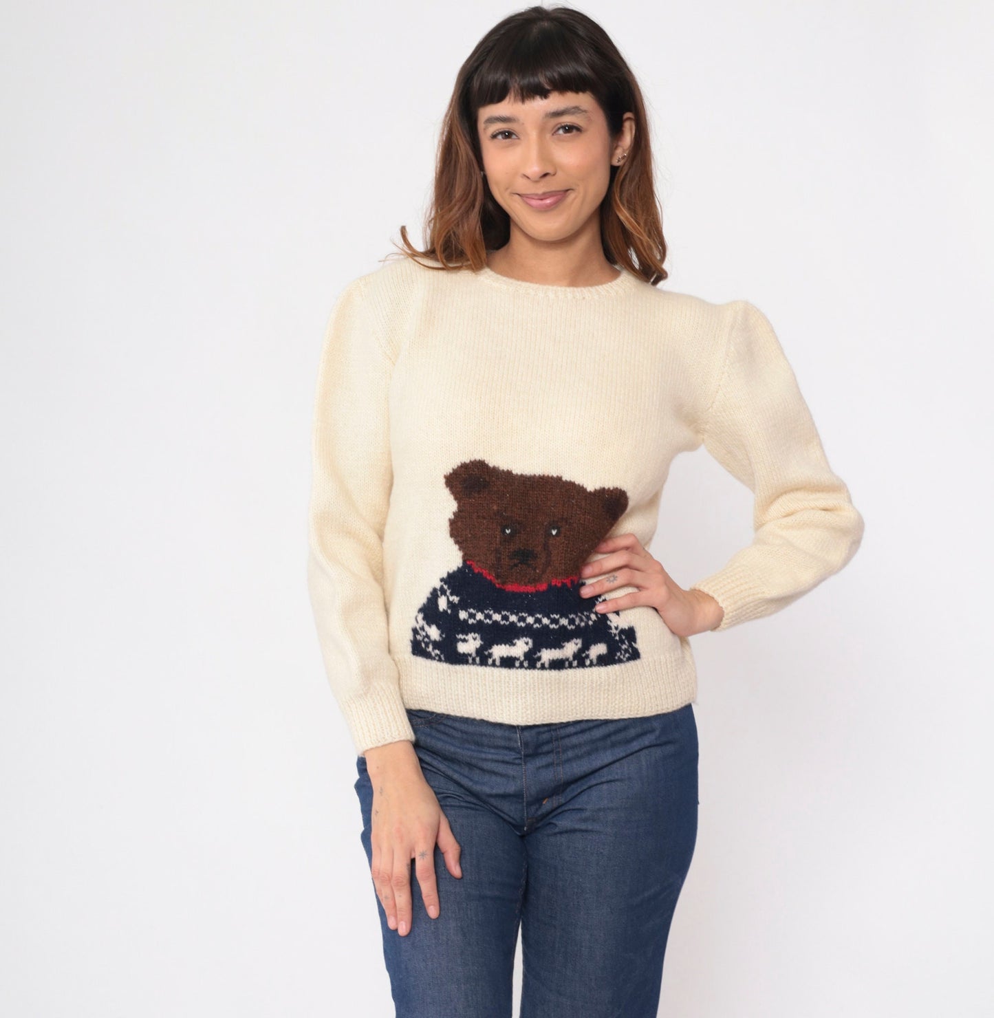 80s Cream Wool Teddy Bear Sweater Knit Pullover Small S