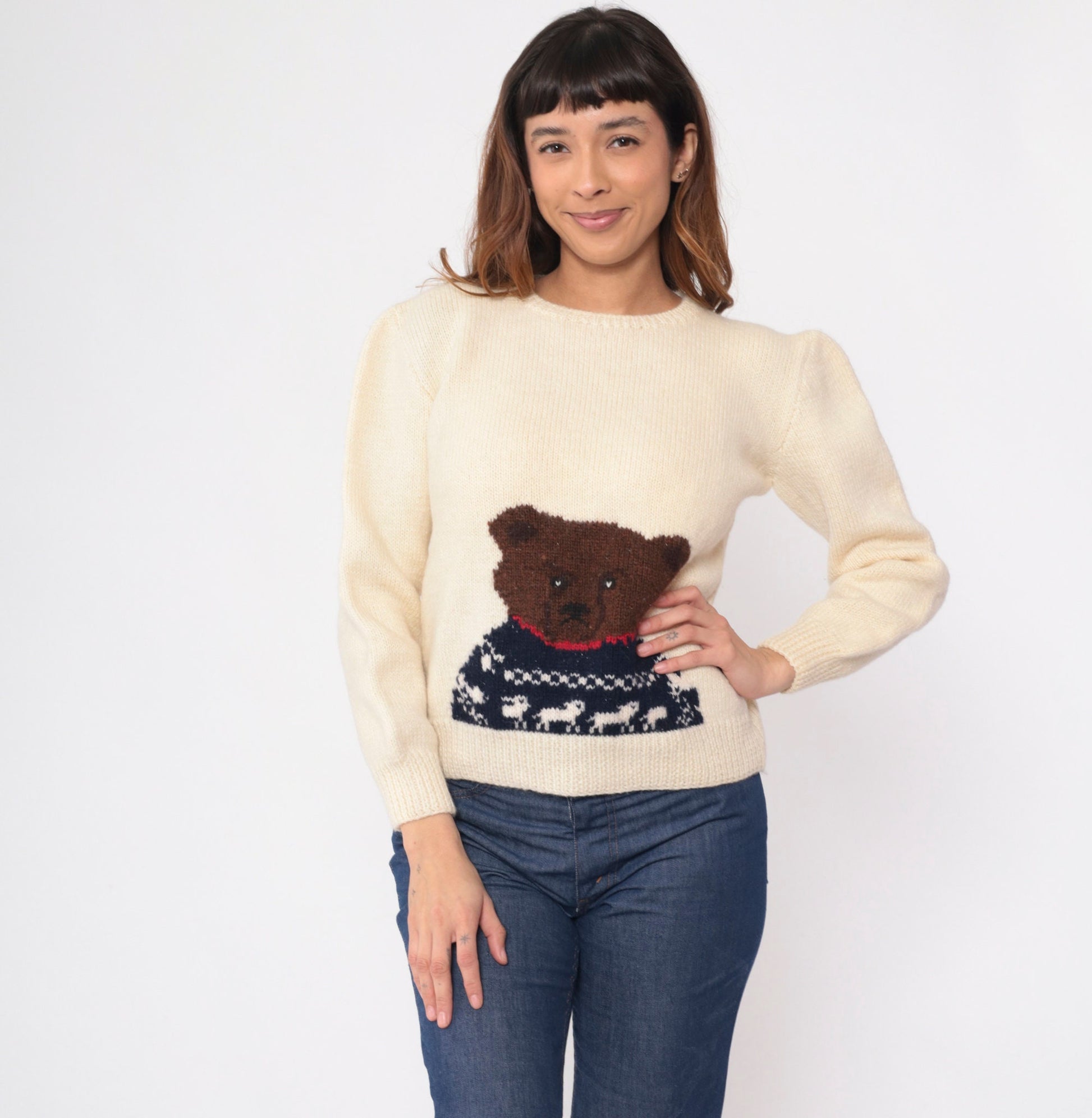 80s Cream Wool Teddy Bear Sweater Knit Pullover Small S