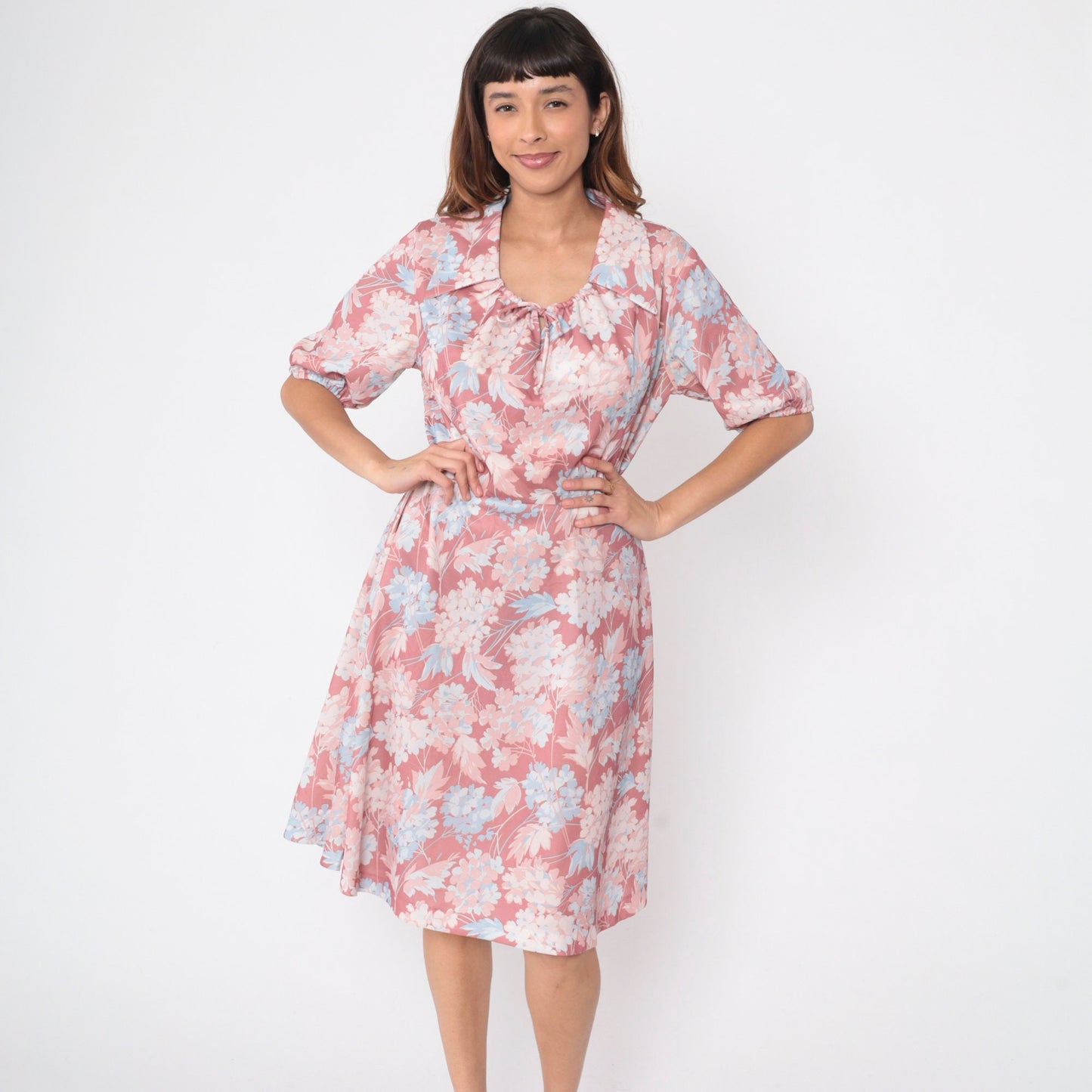70s Pink Floral Midi Dress Puff Sleeve Collared Drawstring High Waist Medium Large