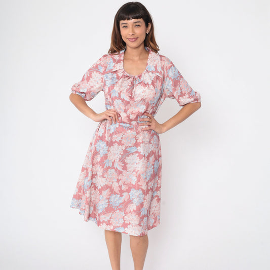 70s Pink Floral Midi Dress Puff Sleeve Collared Drawstring High Waist Medium Large