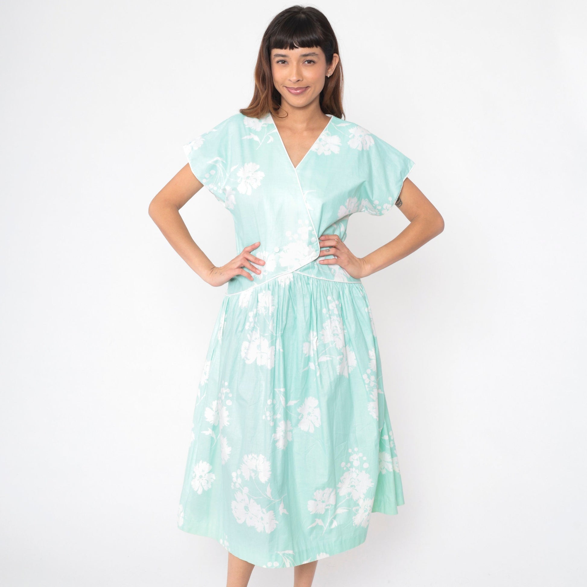 80s Mint Floral Midi Dress High Waisted Button Front Short Sleeve Medium