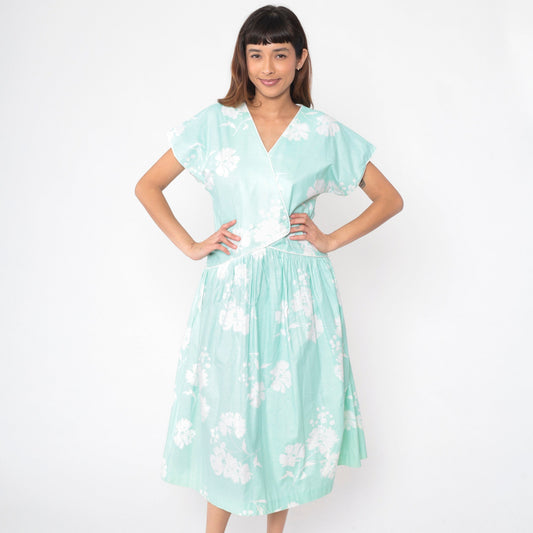 80s Mint Floral Midi Dress High Waisted Button Front Short Sleeve Medium