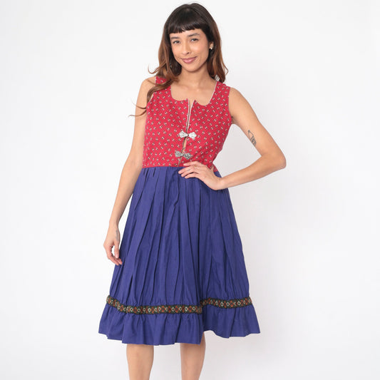 70s Dirndl Dress Handmade Calico Floral Midi Red Blue High Waist Medium