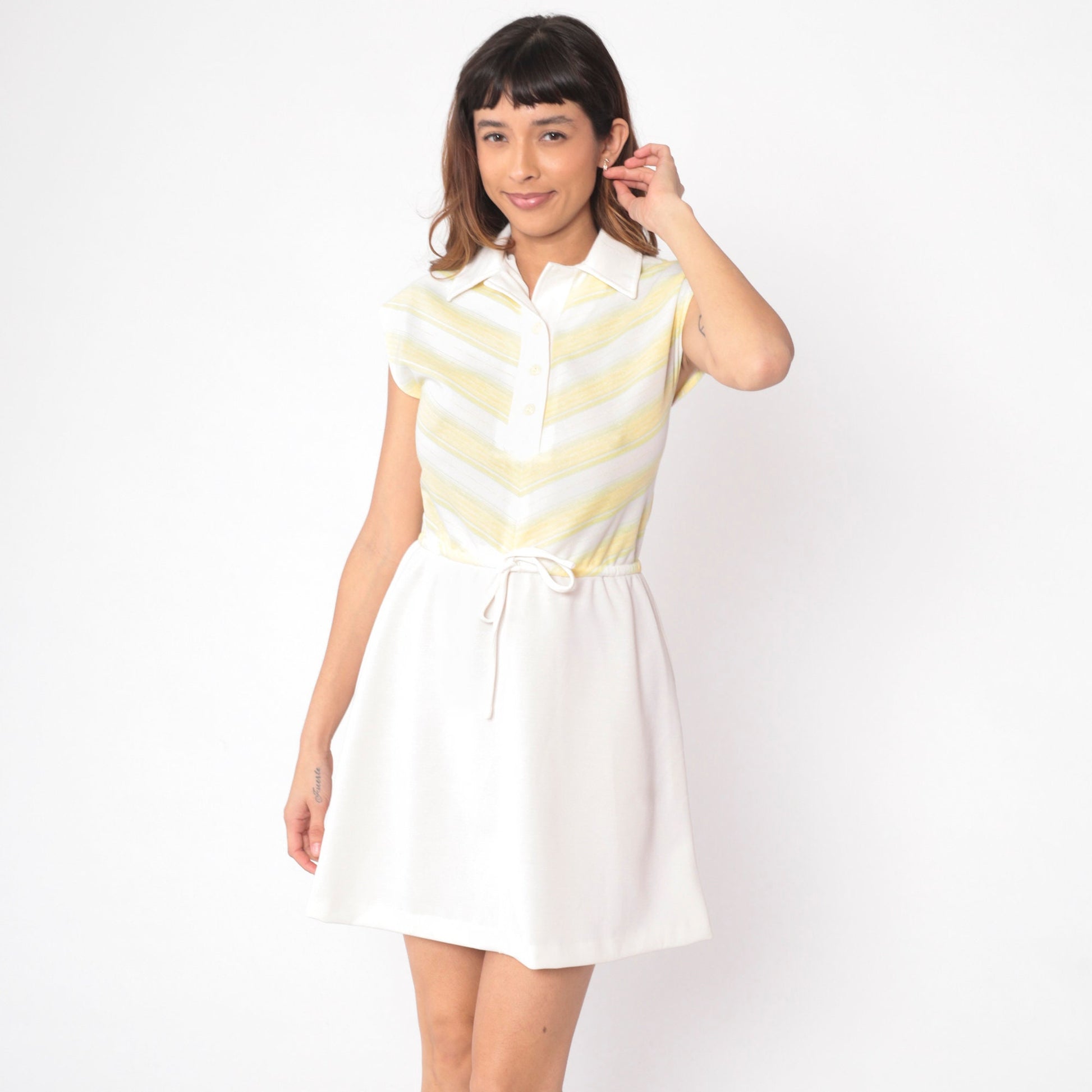 70s Chevron Striped Mini Dress Yellow White Collared Button-Up Small S