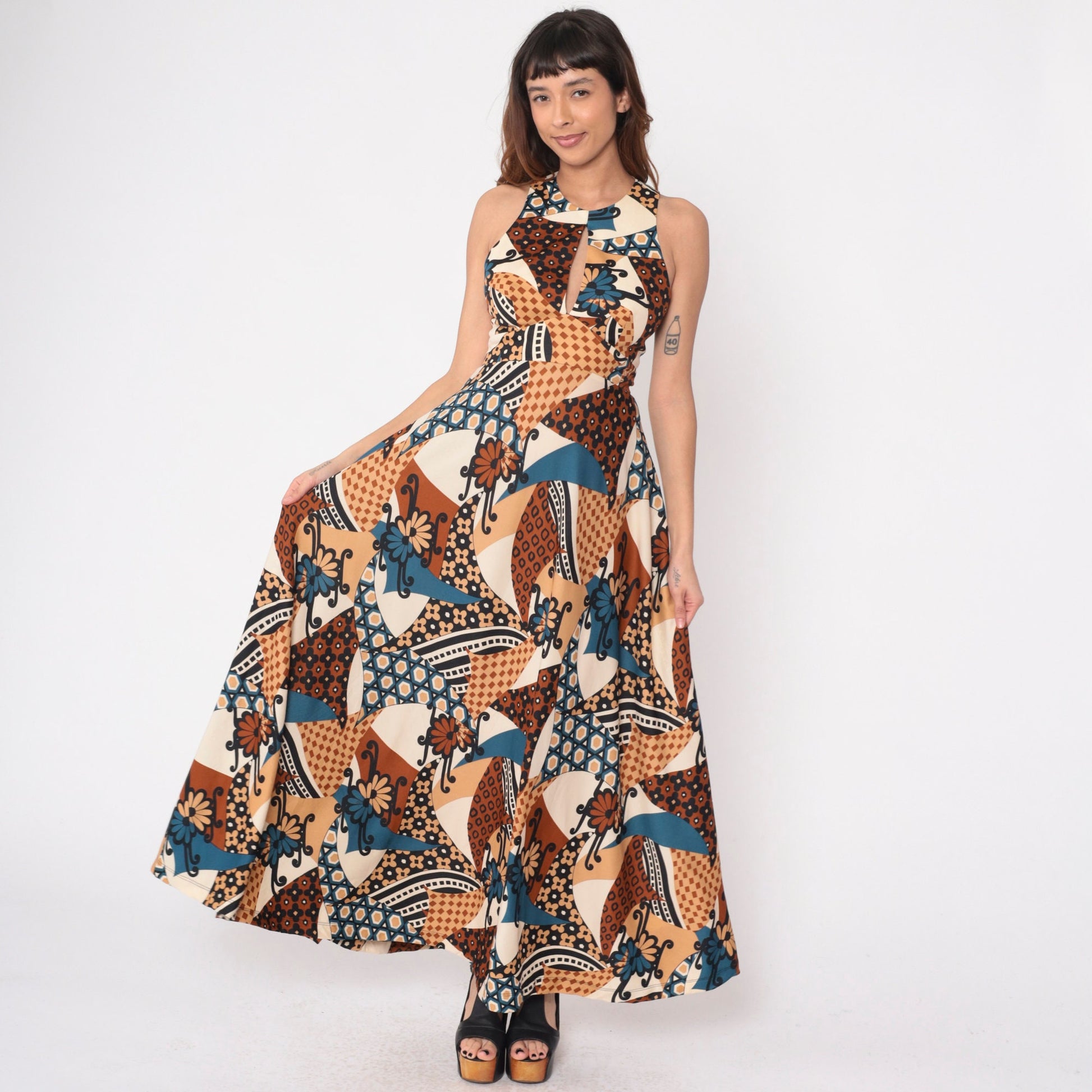 70s Abstract Floral Patchwork Maxi Dress Keyhole Racerback Sleeveless Extra Small