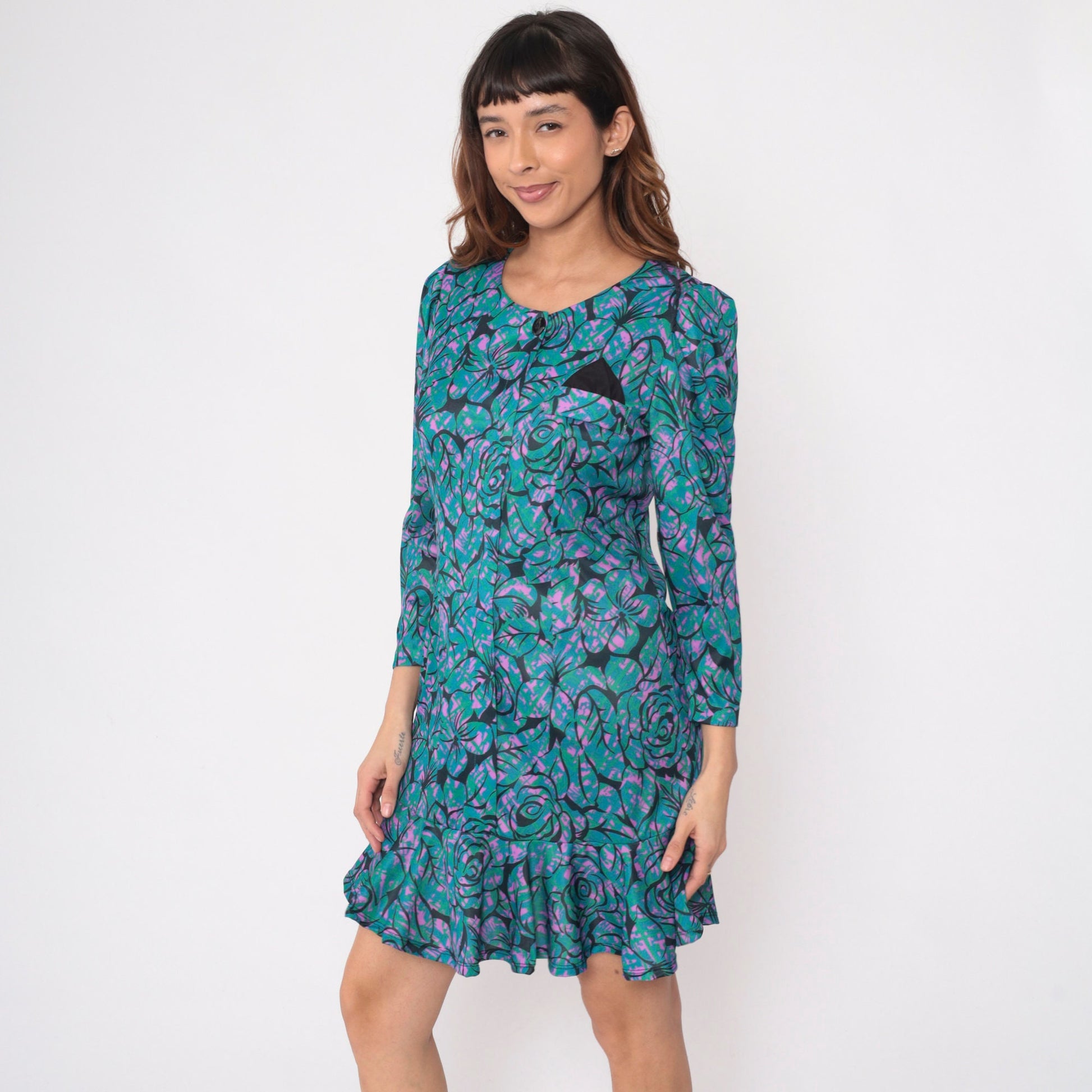80s Floral Mini Dress Puff Sleeve Drop Waist Black Tropical Print Medium
