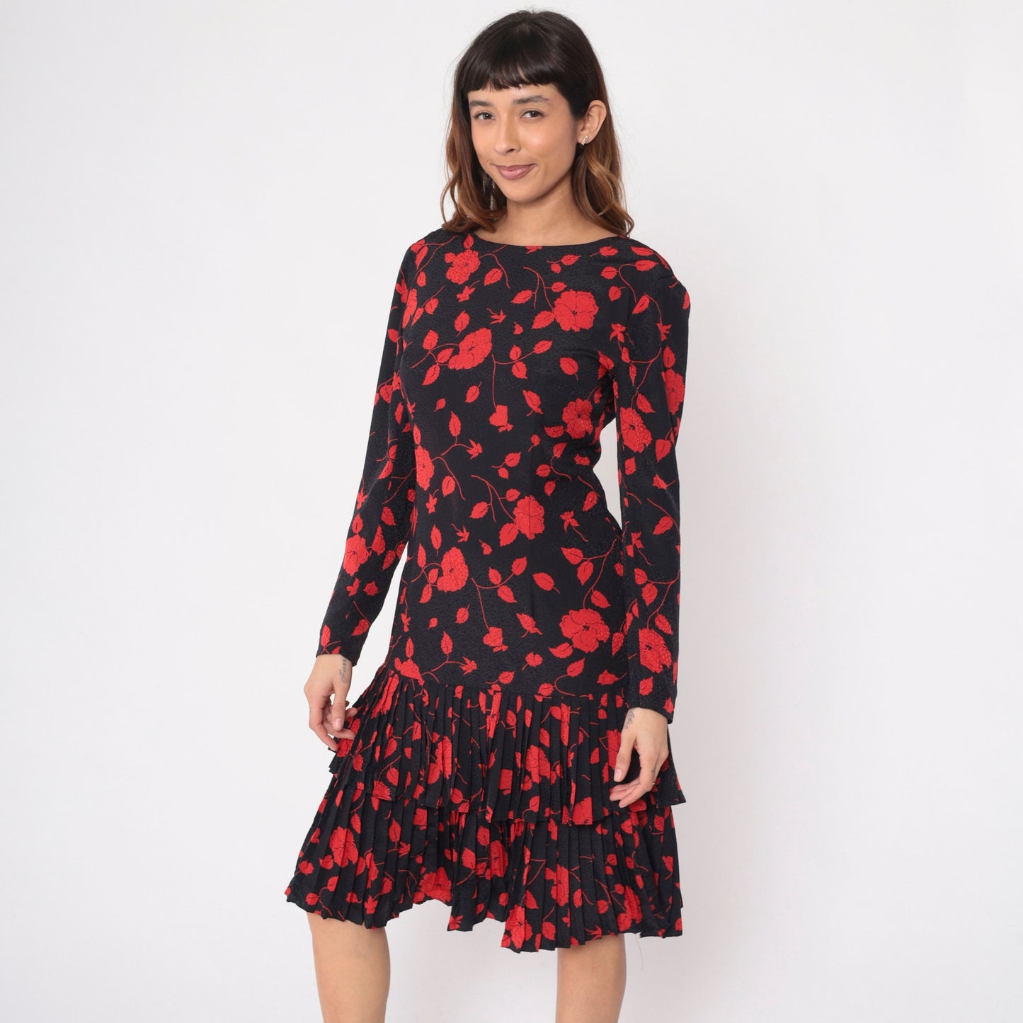 90s Liz Claiborne Black Floral Dress Red Flowers Low V Back Knee Length Medium