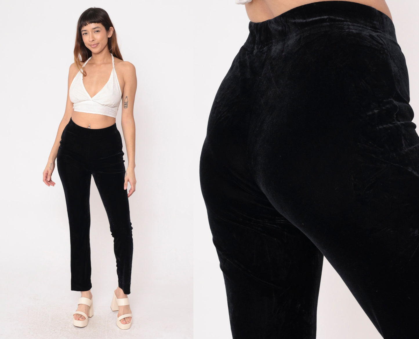 90s Black Velvet Bootcut Pants High Waist Stretch Velour Small