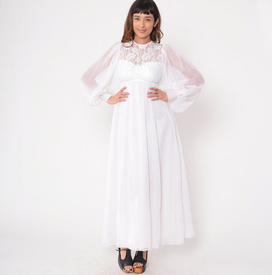 70s White Lace Maxi Wedding Dress Empire Waist Balloon Sleeve Sweetheart Neckline Extra Small