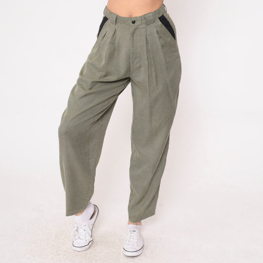 80s Houndstooth Tapered Trousers High Waist Pleated Black Yellow Small