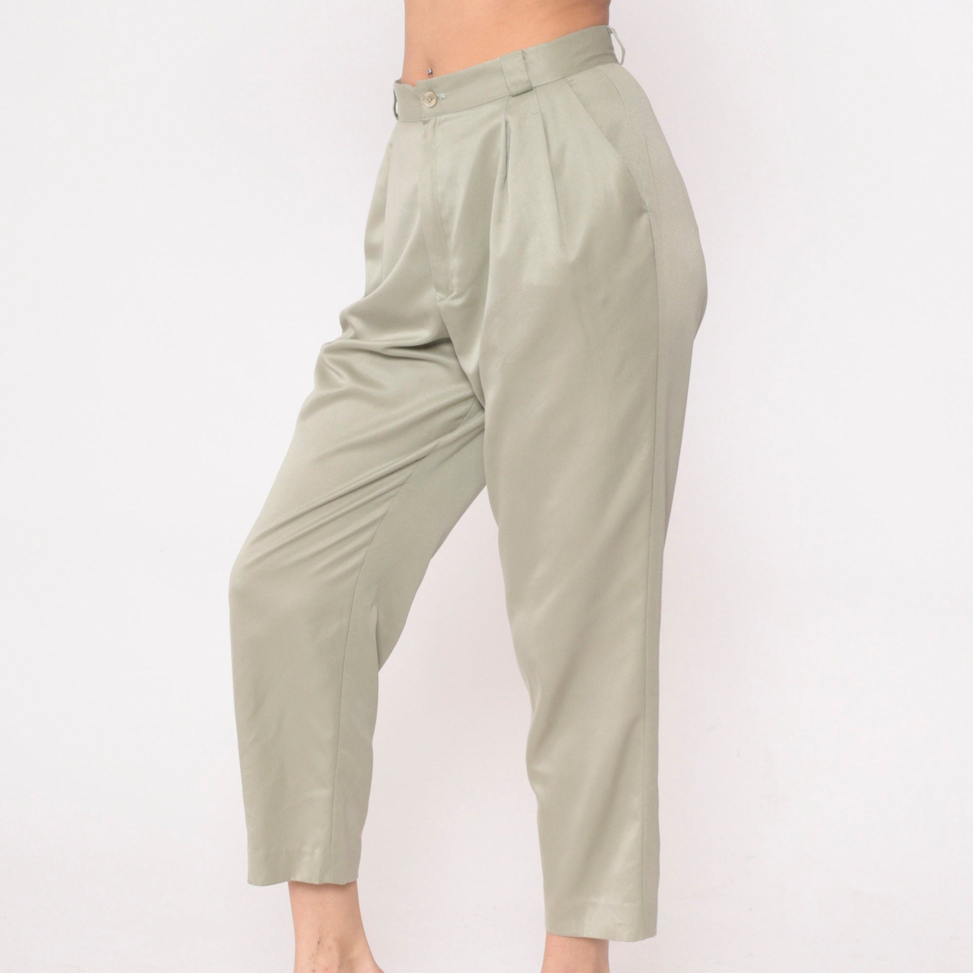 90s Khaki Pleated High-Waist Ankle Trousers Shimmer Petite Medium