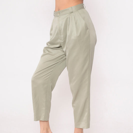 90s Khaki Pleated High-Waist Ankle Trousers Shimmer Petite Medium