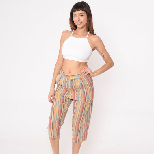 70s Striped High-Waisted Capri Pants Multicolour Cropped Trousers Small