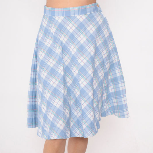 80s Sky Blue White Plaid Midi Skirt High Waist Pleated Small
