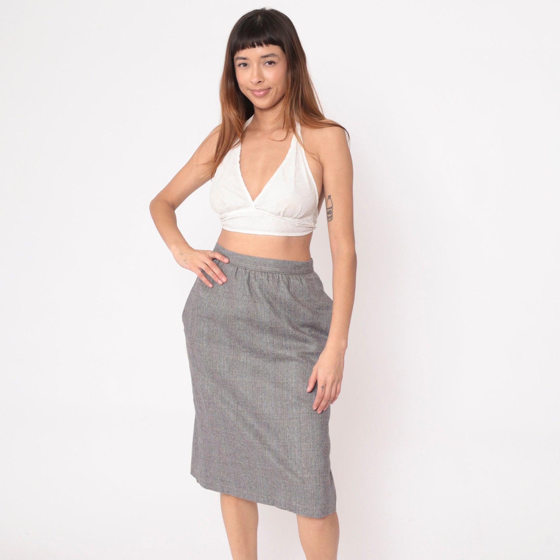80s Grey Checkered High-Waisted Straight Skirt Pockets Small