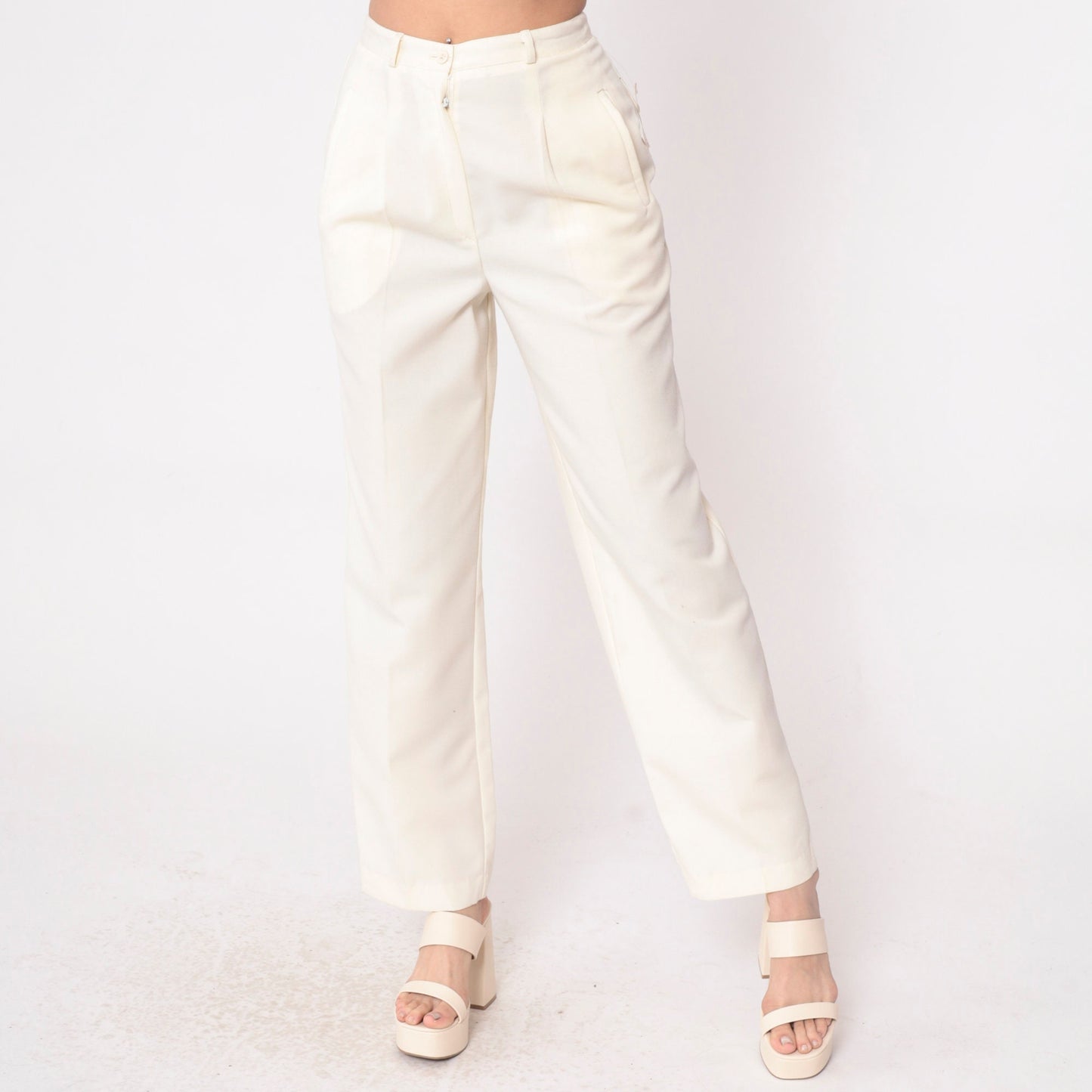 80s Cream High-Waisted Straight Leg Pants Pleated Welt Pockets Small S