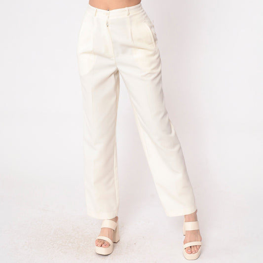 80s Cream High-Waisted Straight Leg Pants Pleated Welt Pockets Small S