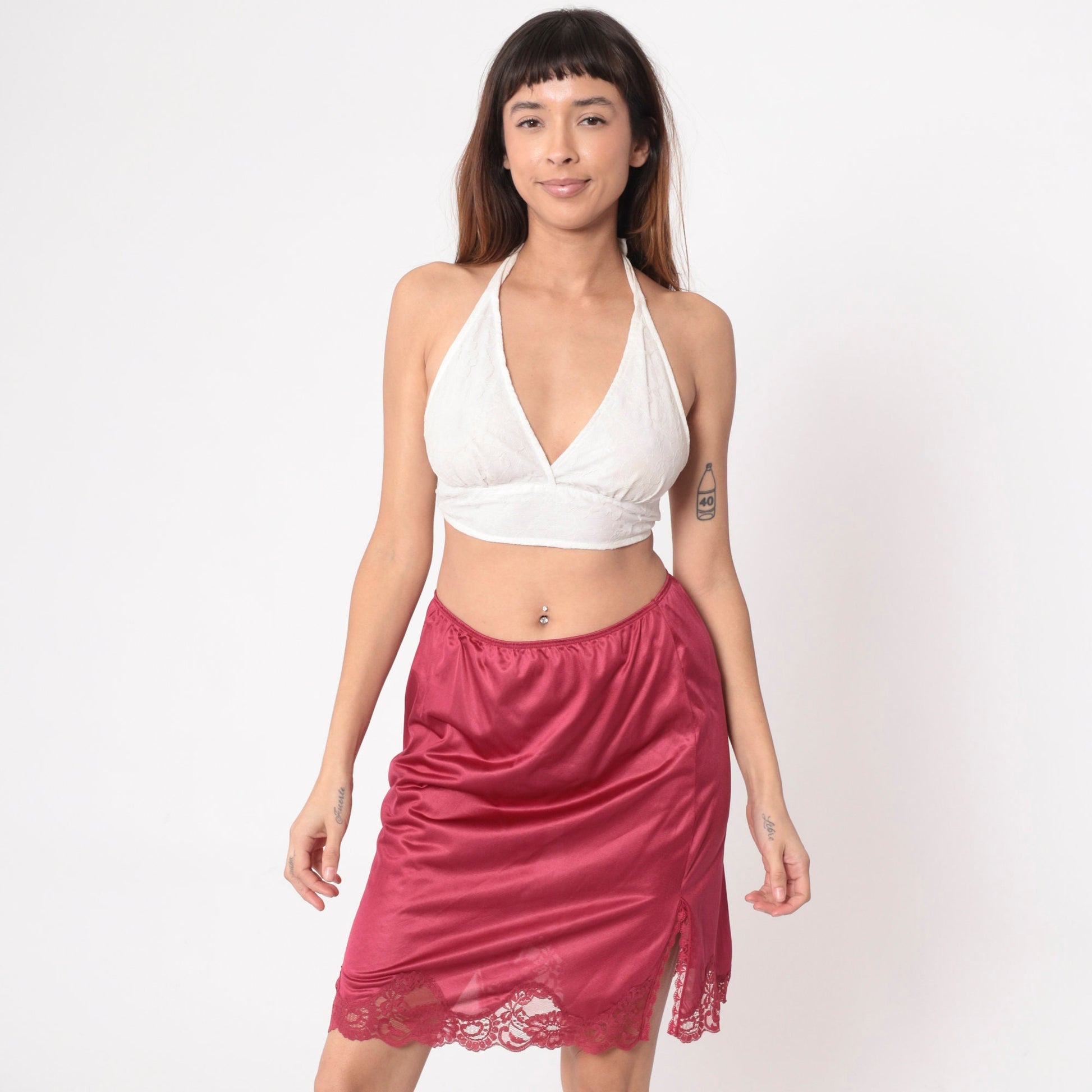 70s Raspberry Lace Slip Skirt High Waisted Front Slit Small Medium