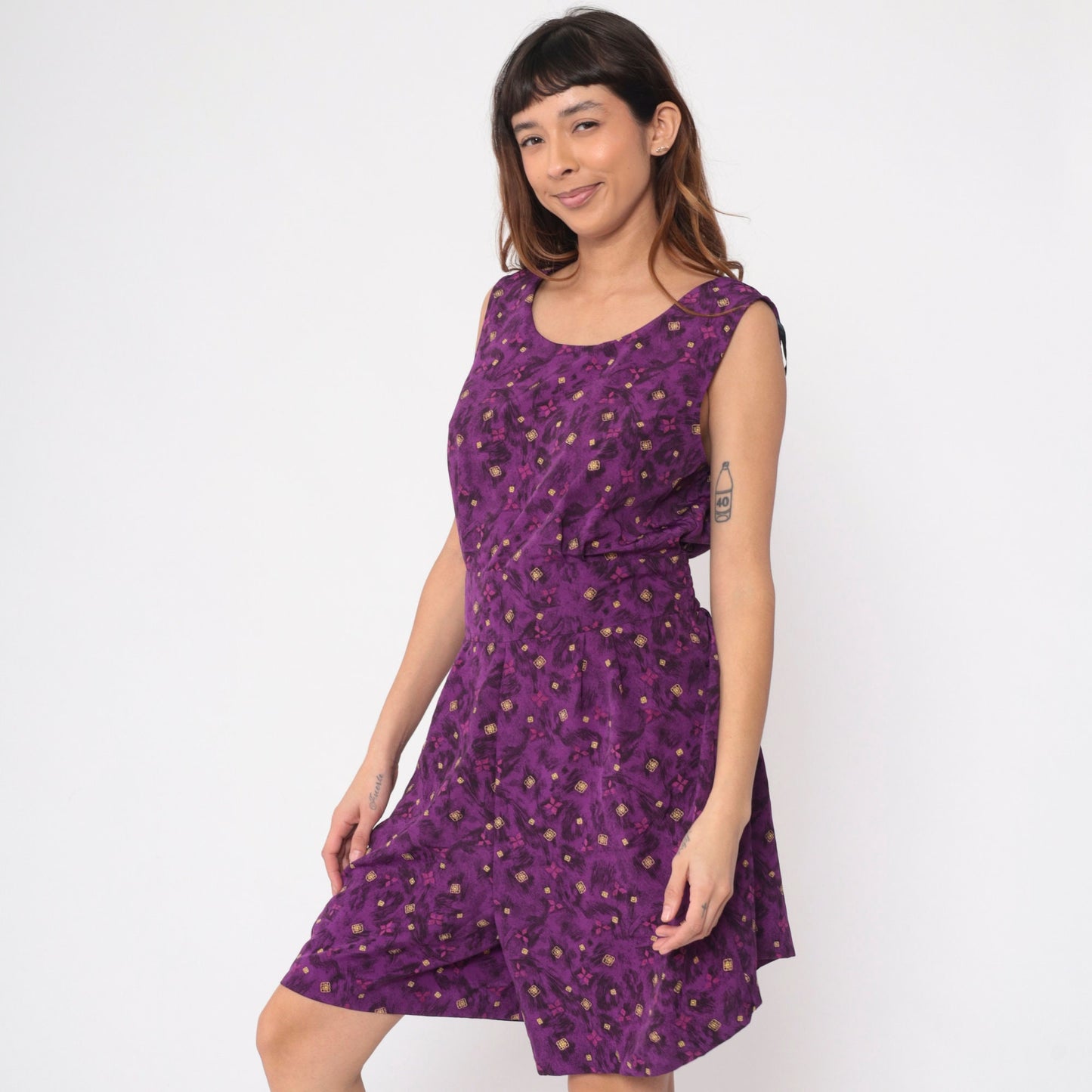 90s Kathie Lee Purple Geometric Leaf Print Romper Keyhole Back Medium Large
