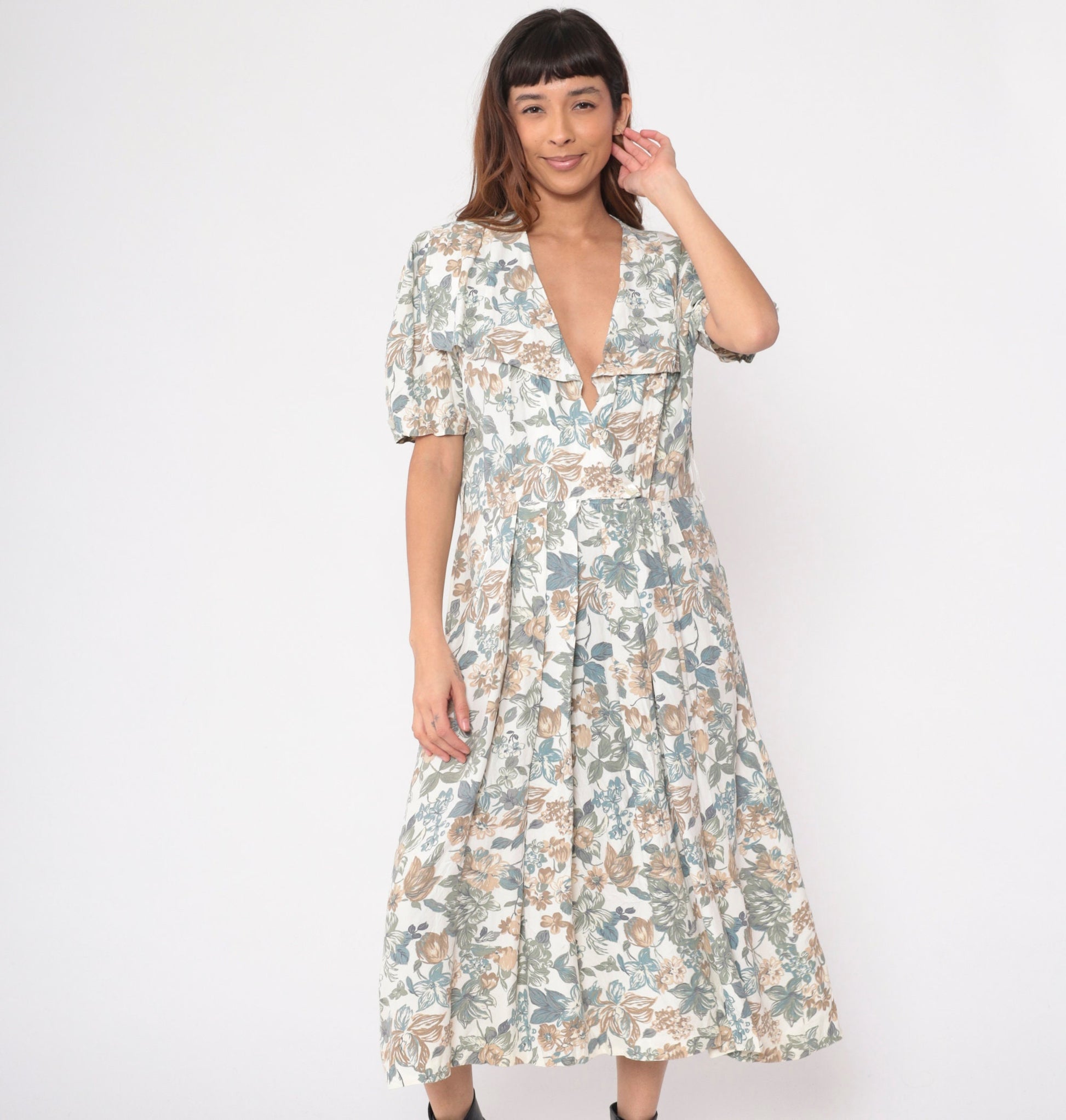 80s Floral Wrap Midi Dress White Puff Sleeve High Waist Pockets Medium
