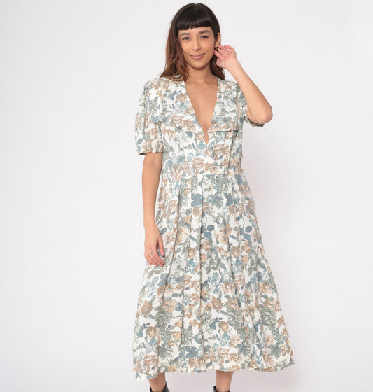 80s Floral Wrap Midi Dress White Puff Sleeve High Waist Pockets Medium