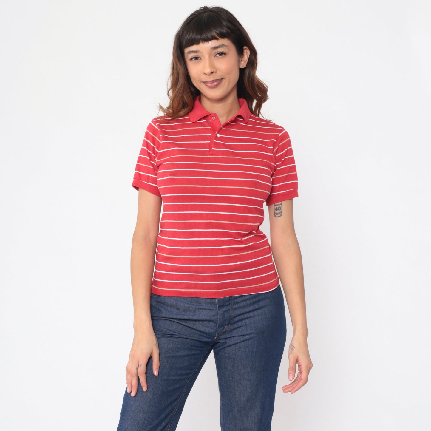 80s Red Striped Polo Shirt Snap Button Collared Top Extra Small