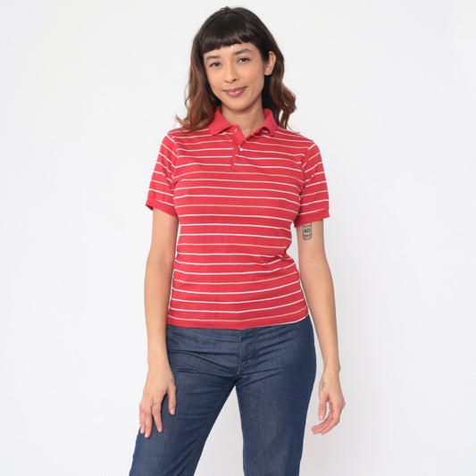80s Red Striped Polo Shirt Snap Button Collared Top Extra Small
