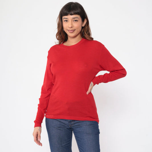 80s Stil Stoknes Thermal Undershirt Red Wool Nylon Long Sleeve Medium