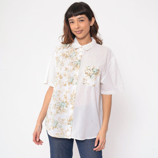 90s Kap & Co. Patchwork Floral Striped Button-Up Blouse White Extra Large XXL