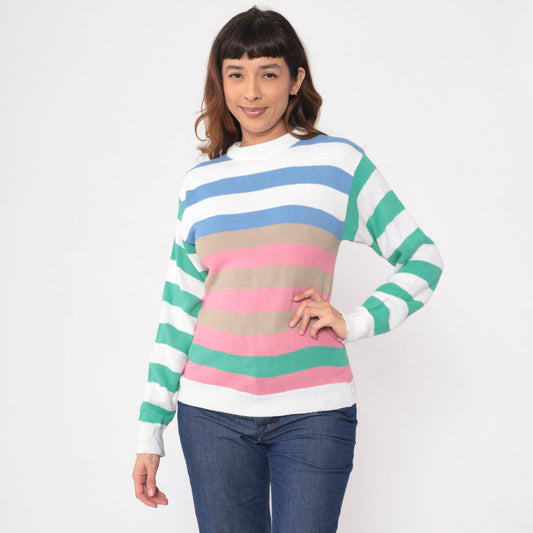 80s Colour Block Striped Crewneck Sweater White Pink Blue Green Extra Small